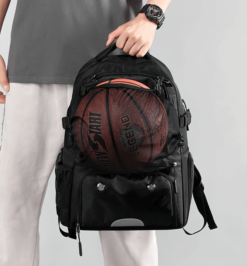 Unisex sports backpack holding a basketball, featuring shoe compartment, detachable net pocket, and adjustable straps for comfort.